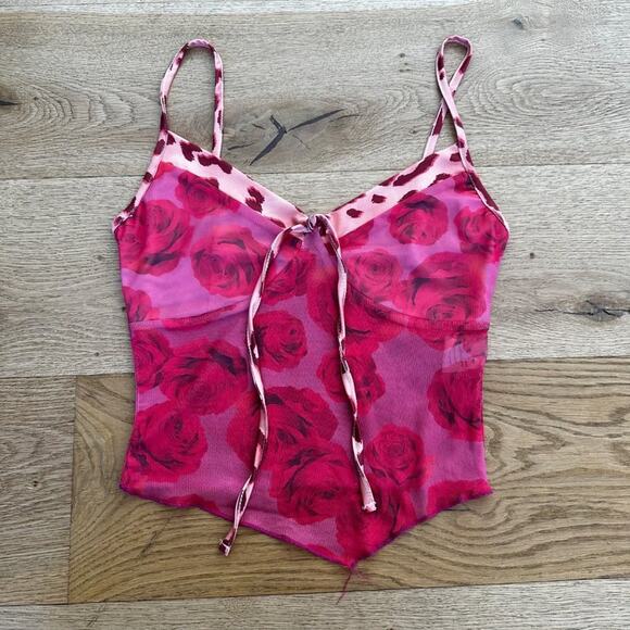 Floral Cami Crop Top with Pink Leopard Trim - Picture 1 of 4